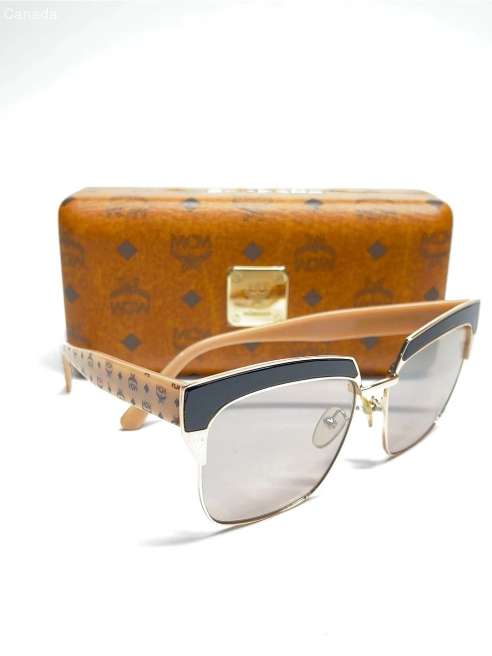 MCM Two-Tone Brown and Black Logo Sunglasses with Branded Case